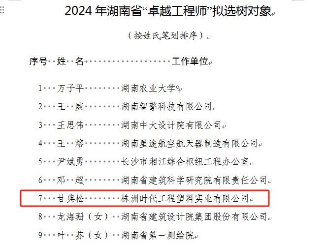 喜报！株洲时代工程塑料实业有限公司甘典松获省“卓越工程师”荣誉称号