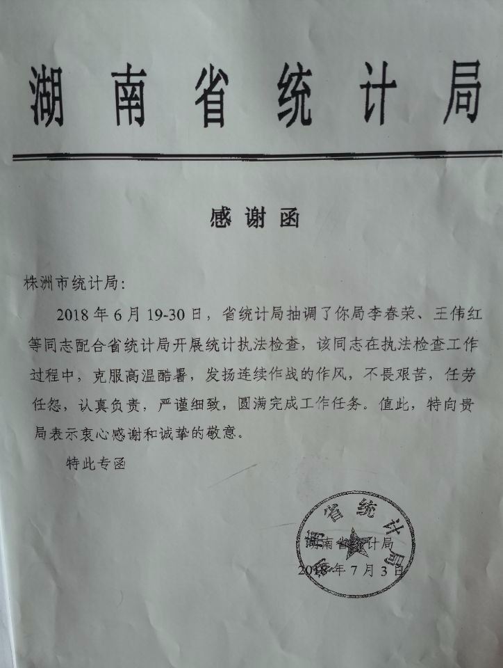 市统计局两名同志参与省统计局统计执法检查工作获表扬