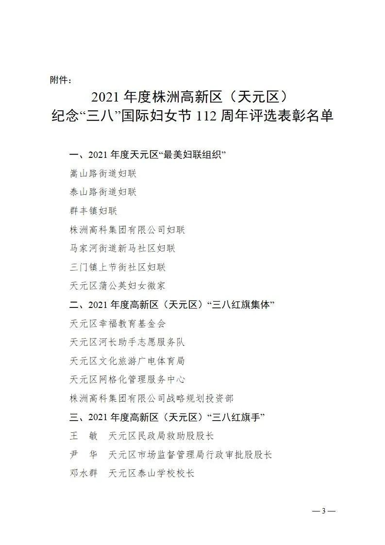2021年度天元区妇联纪念“三八”国际妇女节112周年评选表彰决定