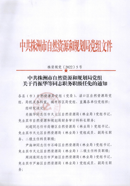 关于肖振华等同志职务职级任免的通知（株资规党[2022]5号）