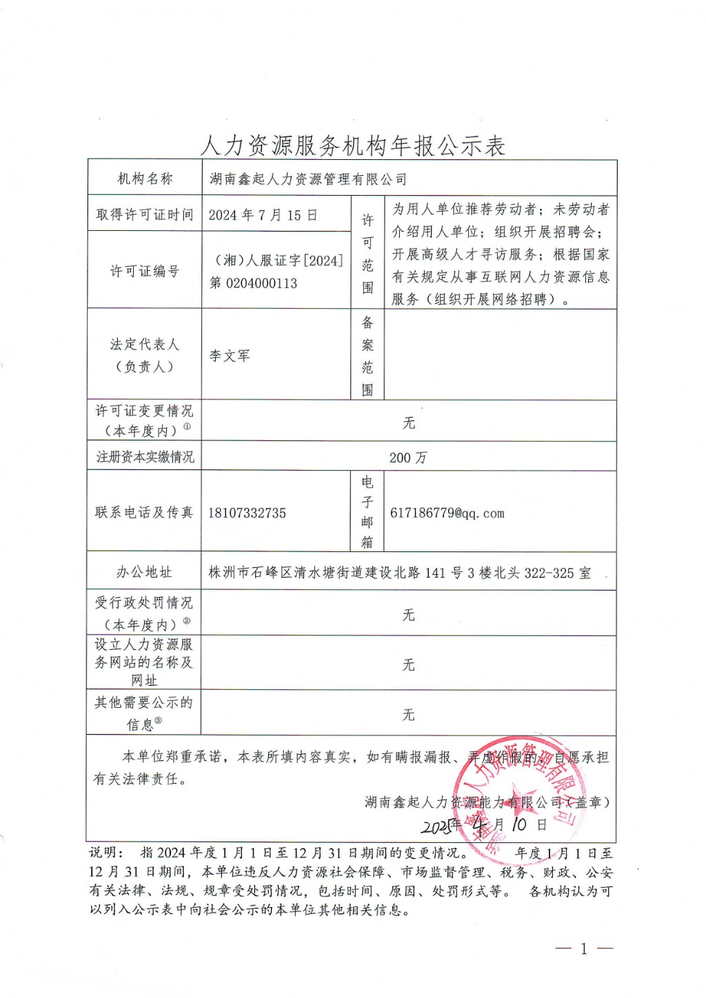 2024年株洲市石峰区经营性人力资源服务机构年度报告公示